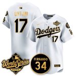 Los Angeles Dodgers #17 Shohei Ohtani White Gold 2025 World Series With No.34 Patch Limited Stitched Jersey