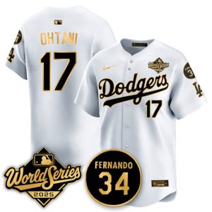 Los Angeles Dodgers #17 Shohei Ohtani White Gold 2025 World Series With No.34 Patch Limited Stitched Jersey