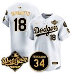 Los Angeles Dodgers #18 Yoshinobu Yamamoto White Gold 2025 World Series With No.34 Patch Limited Stitched Jersey