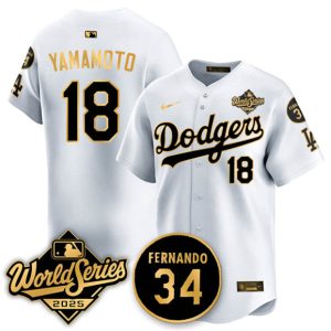 Los Angeles Dodgers #18 Yoshinobu Yamamoto White Gold 2025 World Series With No.34 Patch Limited Stitched Jersey