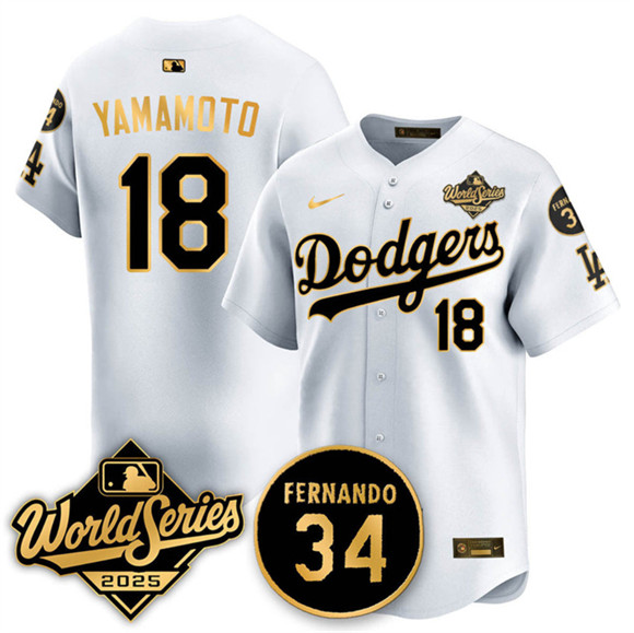 Los Angeles Dodgers #18 Yoshinobu Yamamoto White Gold 2025 World Series With No.34 Patch Limited Stitched Jersey