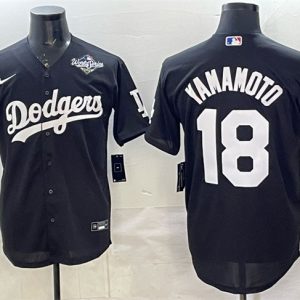 Los Angeles Dodgers #18 Yoshinobu Yamamoto Black 2025 World Series Patch Cool Base Stitched Jersey