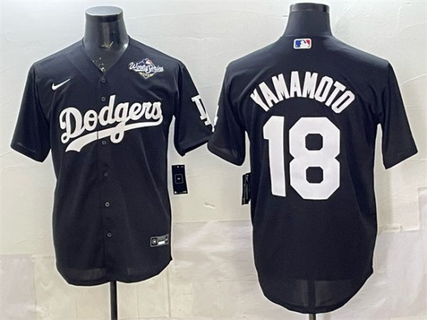 Los Angeles Dodgers #18 Yoshinobu Yamamoto Black 2025 World Series Patch Cool Base Stitched Jersey