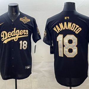 Los Angeles Dodgers #18 Yoshinobu Yamamoto Black Gold 2025 World Series Patch Limited Stitched Jersey