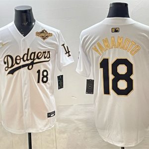 Los Angeles Dodgers #18 Yoshinobu Yamamoto White Gold 2025 World Series Patch Limited Stitched Jersey