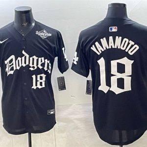 Los Angeles Dodgers #18 Yoshinobu Yamamoto Black 2025 LA Gothic Style With 2025 World Series Patch Vapor Premier Limited Stitched Jersey