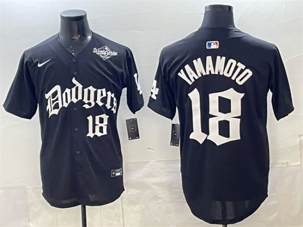 Los Angeles Dodgers #18 Yoshinobu Yamamoto Black 2025 LA Gothic Style With 2025 World Series Patch Vapor Premier Limited Stitched Jersey