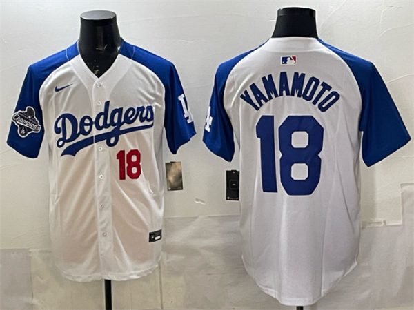 Los Angeles Dodgers #18 Yoshinobu Yamamoto White Royal 2025 World Series Champions Patch Limited Stitched Jersey