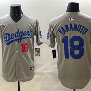 Los Angeles Dodgers #18 Yoshinobu Yamamoto Gray 2025 World Series Champions Patch Stitched Jersey