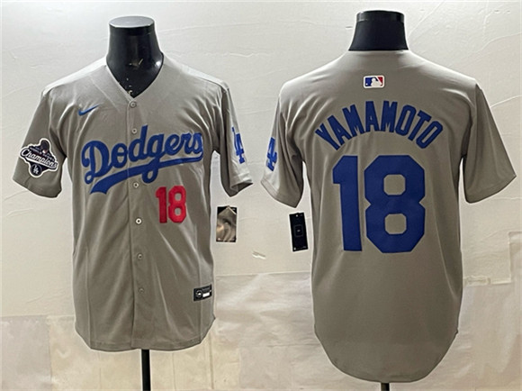 Los Angeles Dodgers #18 Yoshinobu Yamamoto Gray 2025 World Series Champions Patch Stitched Jersey