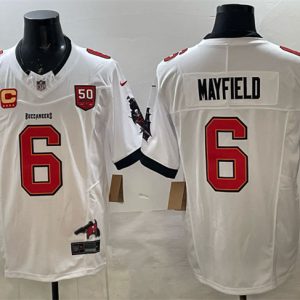 Tampa Bay Buccaneers #6 Baker Mayfield White F.U.S.E. 50th Season 4-Star C Patch Vapor Limited Stitched Jersey