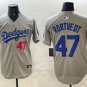 Los Angeles Dodgers #47 Ben Rortvedt Gray 2025 World Series Champions Patch Limited Stitched Jersey