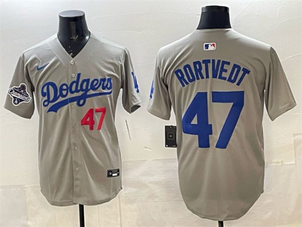 Los Angeles Dodgers #47 Ben Rortvedt Gray 2025 World Series Champions Patch Limited Stitched Jersey