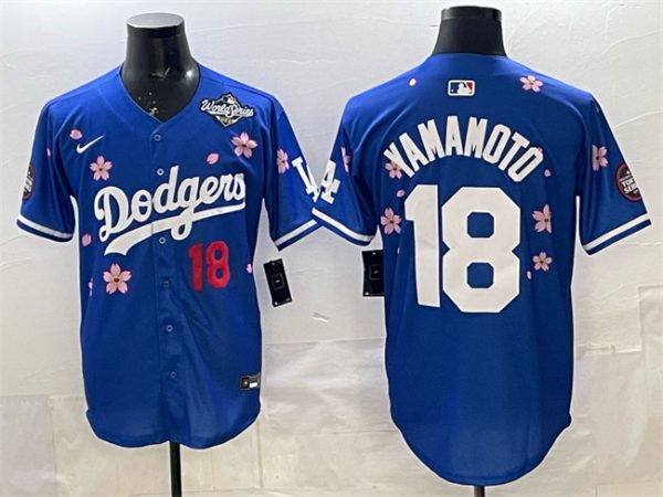 Los Angeles Dodgers #18 Yoshinobu Yamamoto Royal 2025 World Series Patch Tokyo Series Limited Stitched Jersey