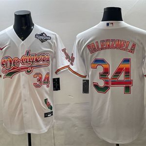 Los Angeles Dodgers #34 Fernando Valenzuela White Mexico California Patch 2025 World Series Patch Stitched Jersey