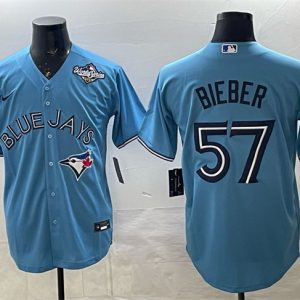 Toronto Blue Jays #57 Shane Bieber Blue 2025 World Series Cool Base Stitched Jersey