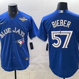 Toronto Blue Jays #57 Shane Bieber Royal 2025 World Series Cool Base Stitched Jersey