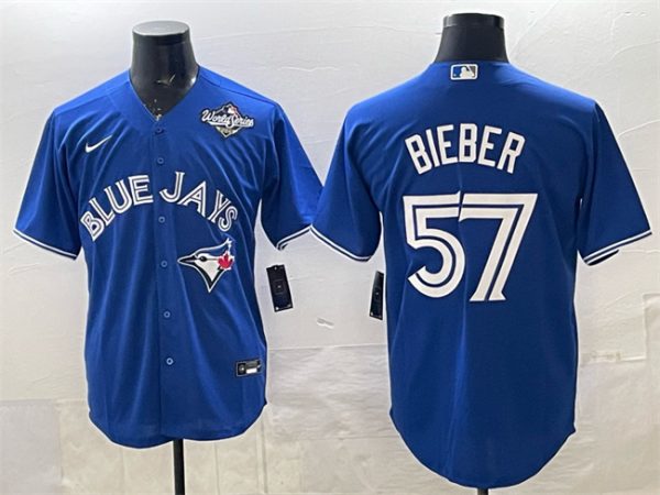 Toronto Blue Jays #57 Shane Bieber Royal 2025 World Series Cool Base Stitched Jersey