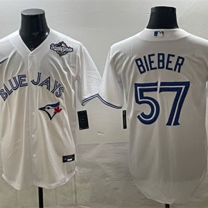 Toronto Blue Jays #57 Shane Bieber White 2025 World Series Home Cool Base Stitched Jersey