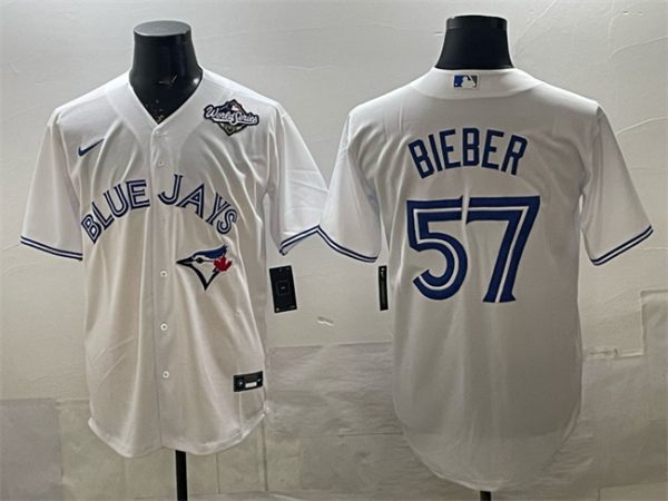 Toronto Blue Jays #57 Shane Bieber White 2025 World Series Home Cool Base Stitched Jersey
