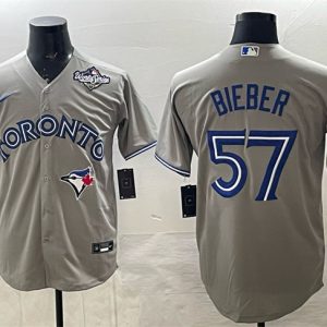 Toronto Blue Jays #57 Shane Bieber Grey 2025 World Series Cool Base Stitched Jersey