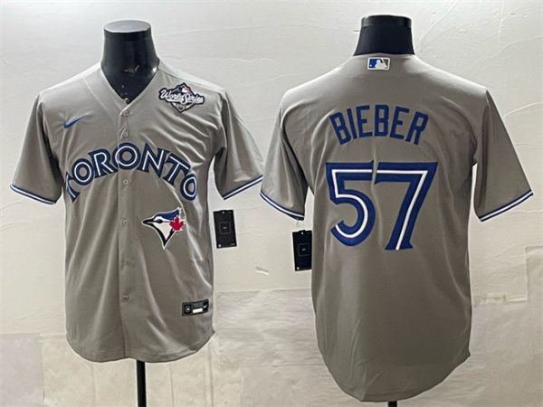 Toronto Blue Jays #57 Shane Bieber Grey 2025 World Series Cool Base Stitched Jersey