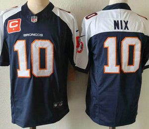 Denver Broncos #10 Bo Nix Navy Blue C Patch Thanksgiving FUSE Vapor Jersey