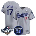 Los Angeles Dodgers #17 Shohei Ohtani Gray 2025 World Series With No. 34 Patch Limited Stitched Jersey