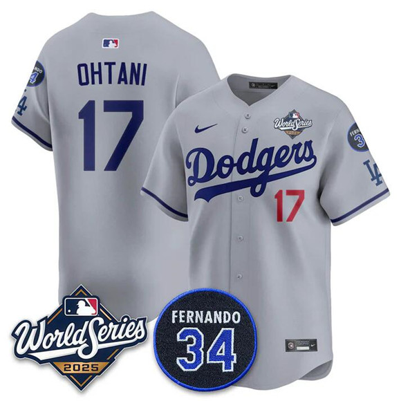Los Angeles Dodgers #17 Shohei Ohtani Gray 2025 World Series With No. 34 Patch Limited Stitched Jersey