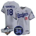 Los Angeles Dodgers #18 Yoshinobu Yamamoto Gray 2025 World Series With No. 34 Patch Limited Stitched Jersey