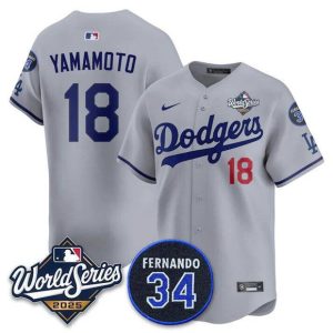 Los Angeles Dodgers #18 Yoshinobu Yamamoto Gray 2025 World Series With No. 34 Patch Limited Stitched Jersey