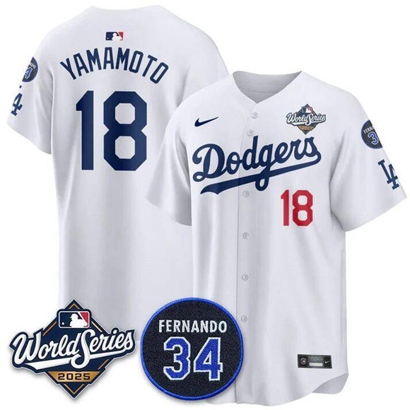 Los Angeles Dodgers #18 Yoshinobu Yamamoto White 2025 World Series With No. 34 Patch Limited Stitched Jersey