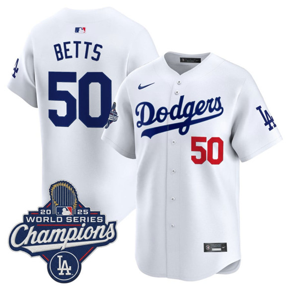 Los Angeles Dodgers #50 Mookie Betts White 2025 Champions Stitched Jersey