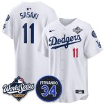 Los Angeles Dodgers #11 R¨ki Sasaki White 2025 World Series With No. 34 Patch Limited Stitched Jersey