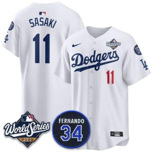 Los Angeles Dodgers #11 R¨Âki Sasaki White 2025 World Series With No. 34 Patch Limited Stitched Jersey