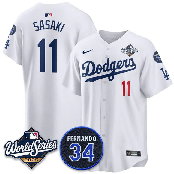 Los Angeles Dodgers #11 R¨ki Sasaki White 2025 World Series With No. 34 Patch Limited Stitched Jersey