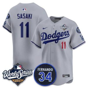 Los Angeles Dodgers #11 R¨Âki Sasaki Gray 2025 World Series With No. 34 Patch Limited Stitched Jersey