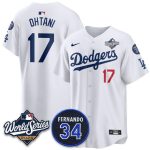 Los Angeles Dodgers #17 Shohei Ohtani White 2025 World Series With No. 34 Patch Limited Stitched Jersey