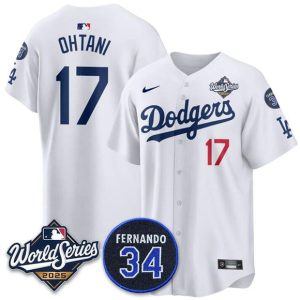 Los Angeles Dodgers #17 Shohei Ohtani White 2025 World Series With No. 34 Patch Limited Stitched Jersey