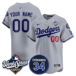 Los Angeles Dodgers Custom Gray 2025 World Series With No. 34 Patch Limited Stitched Jersey