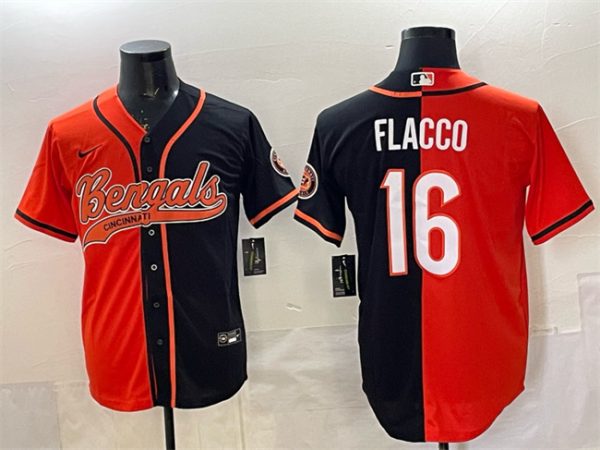 Cincinnati Bengals #16 Joe Flacco Orange Black Split With Patch Cool Base Stitched Jersey