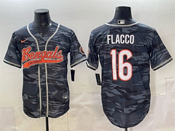 Cincinnati Bengals #16 Joe Flacco Grey Camo With Patch Cool Base Stitched Jersey
