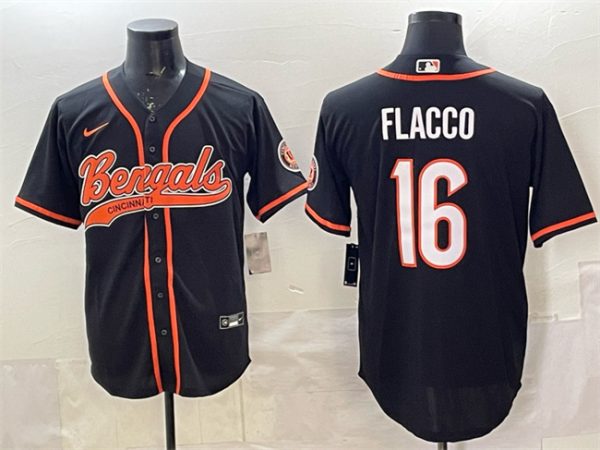 Cincinnati Bengals #16 Joe Flacco Black With Patch Cool Base Stitched Jersey