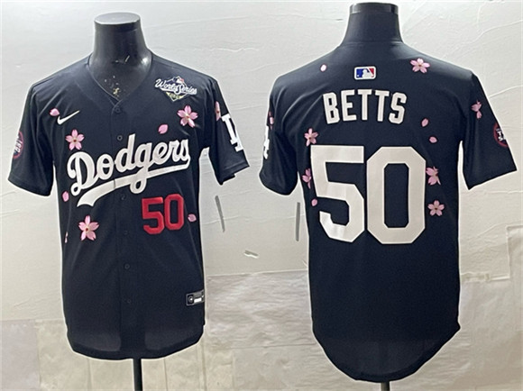 Los Angeles Dodgers #50 Mookie Betts Black 2025 World Series Patch Tokyo Series Limited Stitched Jersey