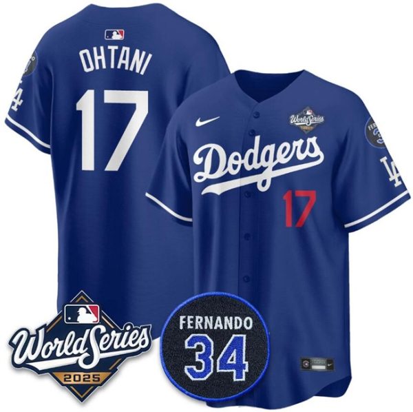 Los Angeles Dodgers #17 Shohei Ohtani Royal 2025 World Series With No.34 Patch Limited Stitched Jersey