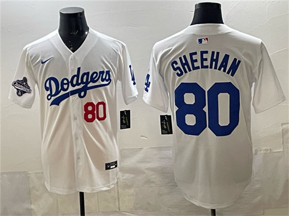 Los Angeles Dodgers #80 Emmet Sheehan White 2025 World Series Champions Patch Limited Stitched Jersey