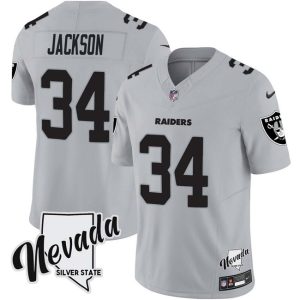 Las Vegas Raiders #34 Bo Jackson Gray F.U.S.E. With Nevada Silver Stat Patch Vapor Limited Stitched Jersey