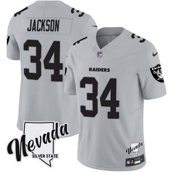 Las Vegas Raiders #34 Bo Jackson Gray F.U.S.E. With Nevada Silver Stat Patch Vapor Limited Stitched Jersey