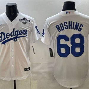 Los Angeles Dodgers #68 Dalton Rushing White 2025 World Series Patch Cool Base Stitched Jersey