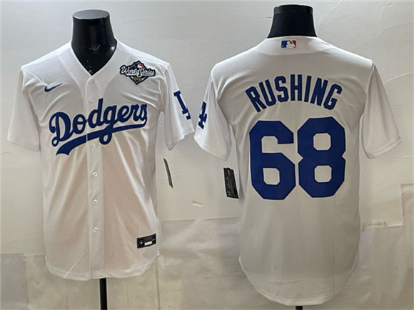 Los Angeles Dodgers #68 Dalton Rushing White 2025 World Series Patch Cool Base Stitched Jersey